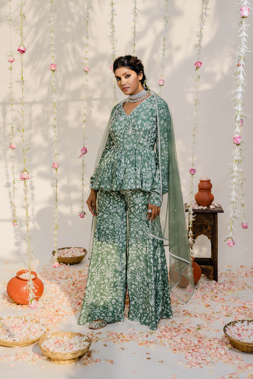 Embroidered Peplum Olive Green Sharara Dress